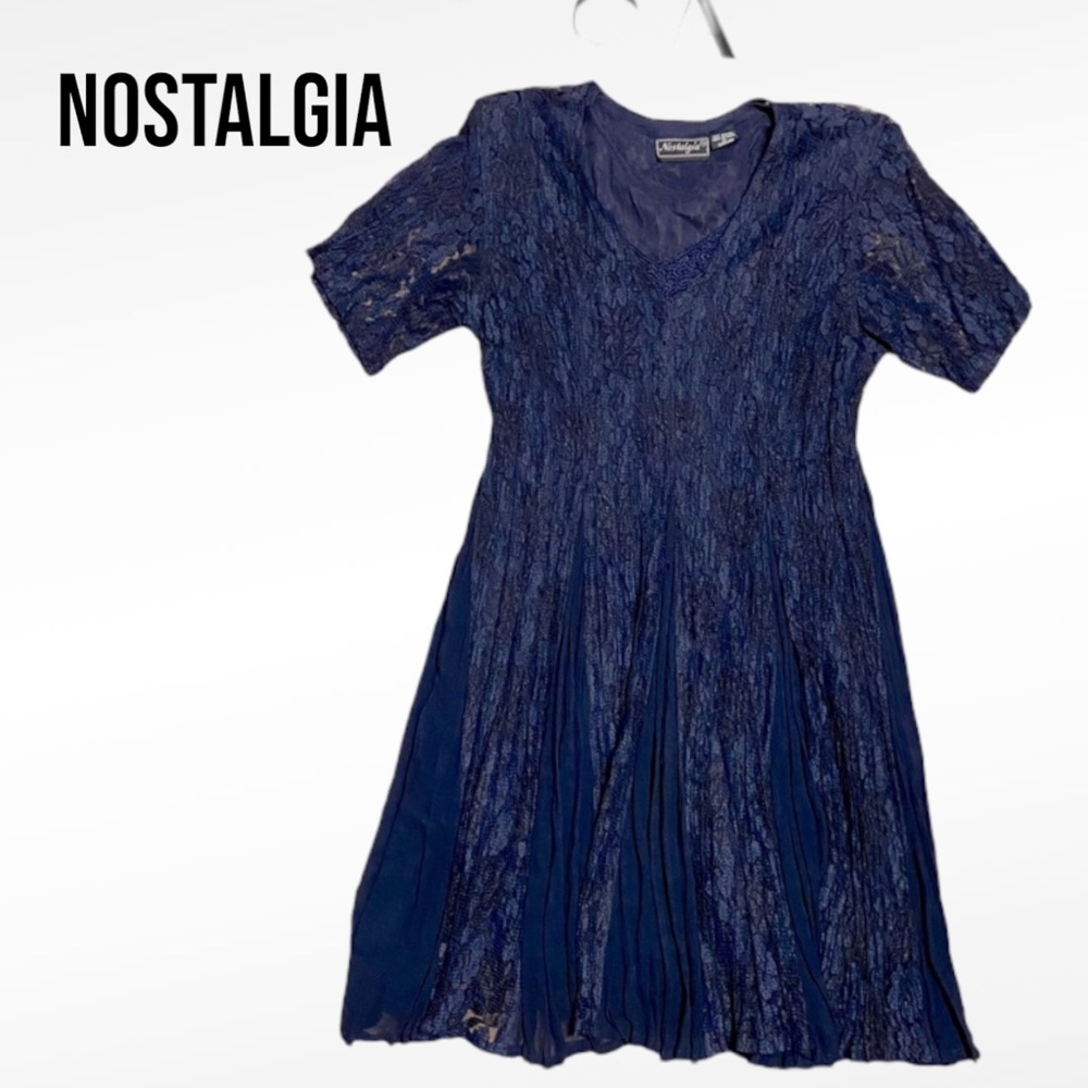 NOSTALGIA Navy Blue FLOWER DETAIL LACE MIDI DRESS Large WHIMSIGOTH